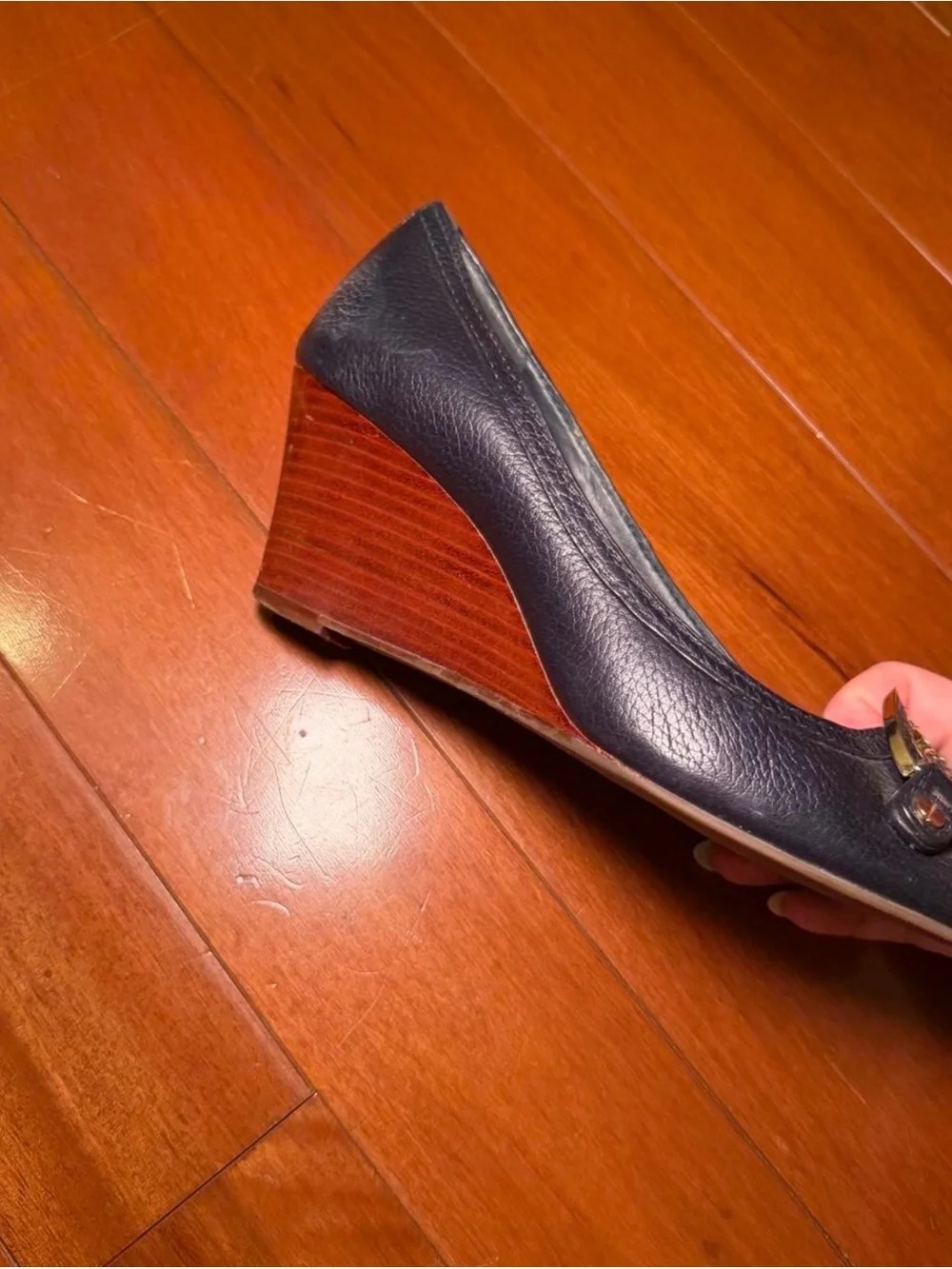 Tory Burch Navy Blue Leather Wedge Pumps
